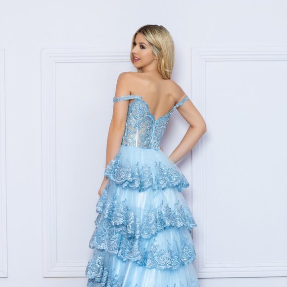 Nox Anabel E1293 Long Off the Shoulder Sweetheart Ruffled Tiered Tulle Gown